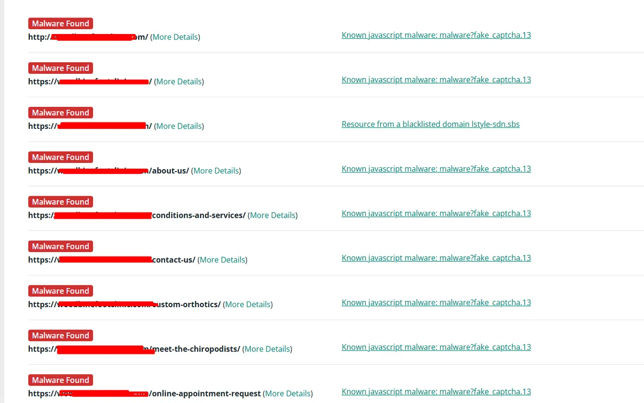 Malware scanner results showing fake CAPTCHA malware detection across website pages