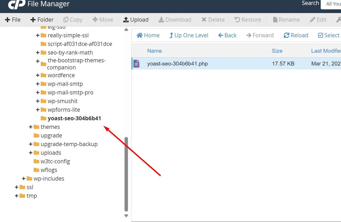 Suspicious fake plugin folder found inside a hacked WordPress installation