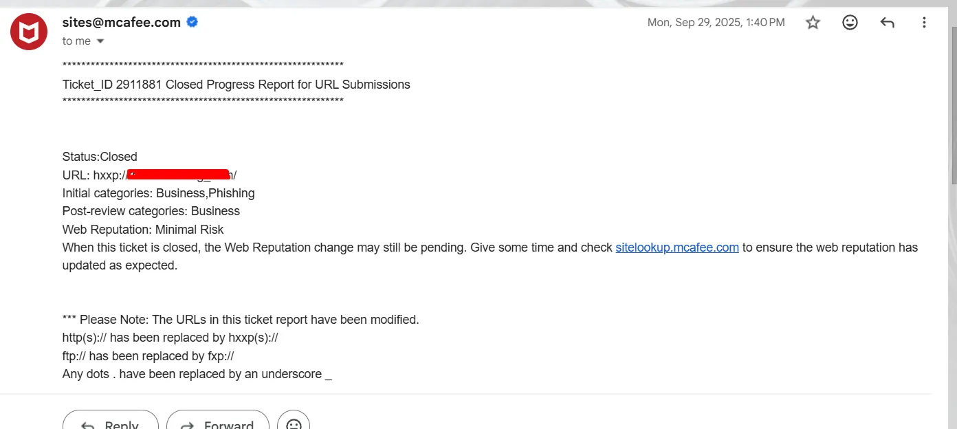 McAfee email showing a closed progress report for URL submissions and updated web reputation