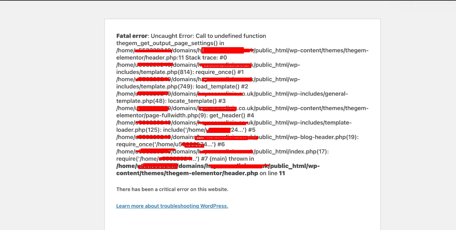 WordPress fatal error screen showing there has been a critical error on this website caused by theme or PHP issue
