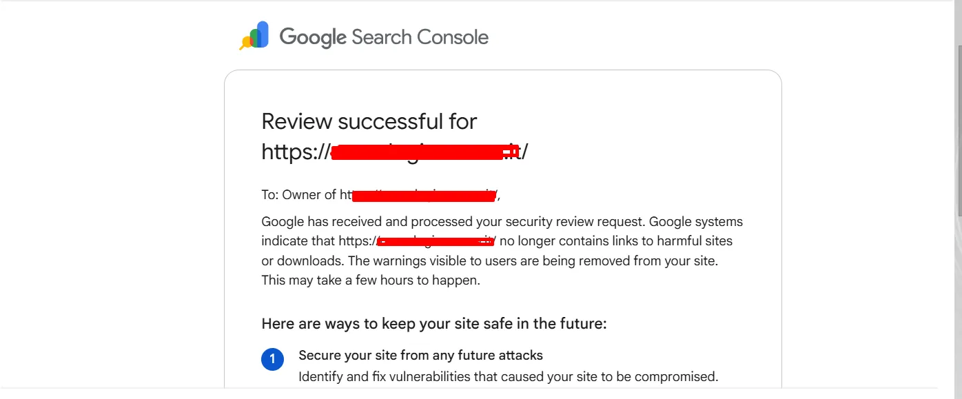 Google Search Console email showing review successful after blacklist removal
