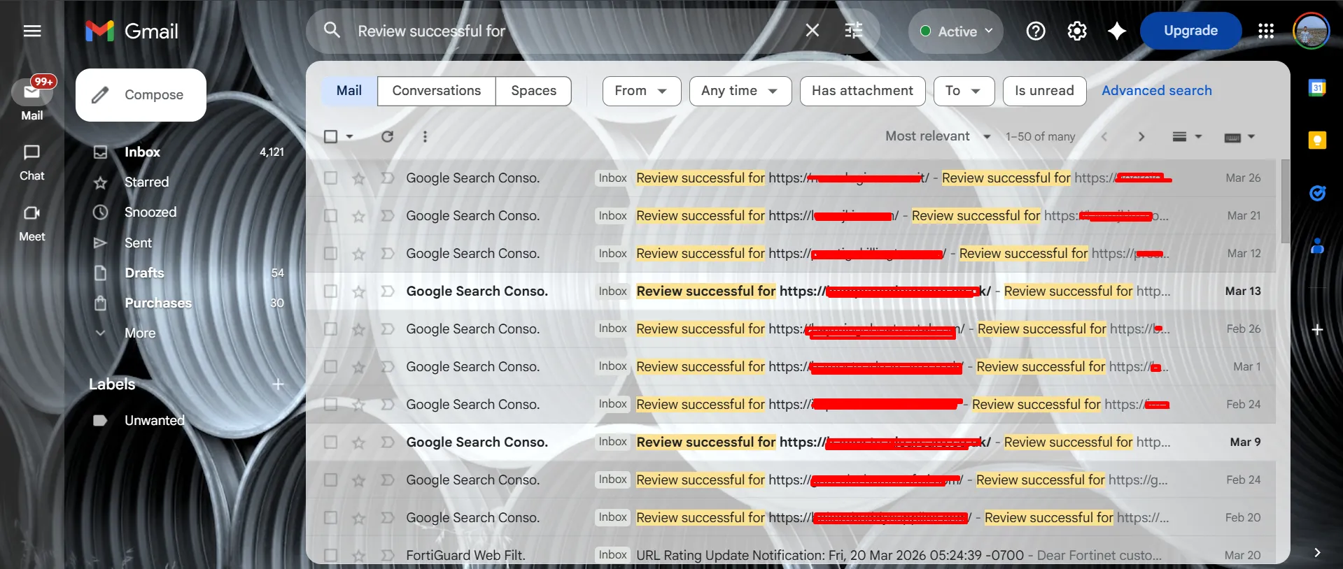 Gmail screenshot showing many Google review successful emails from blacklist removals