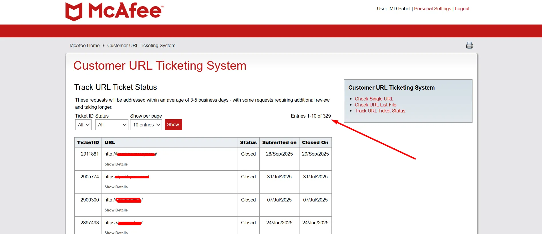 McAfee customer URL ticketing system screenshot showing many closed website reputation submissions