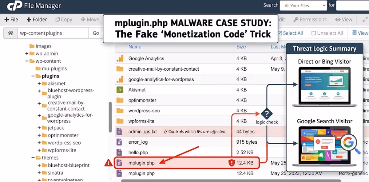 mplugin.php fake Monetization Code plugin hiding inside wp-content/plugins on a hacked WordPress site