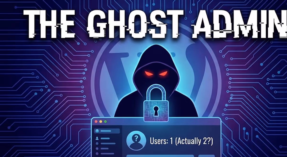 WordPress malware security illustration showing a hidden administrator hack with a user count mismatch, titled The Ghost Admin.